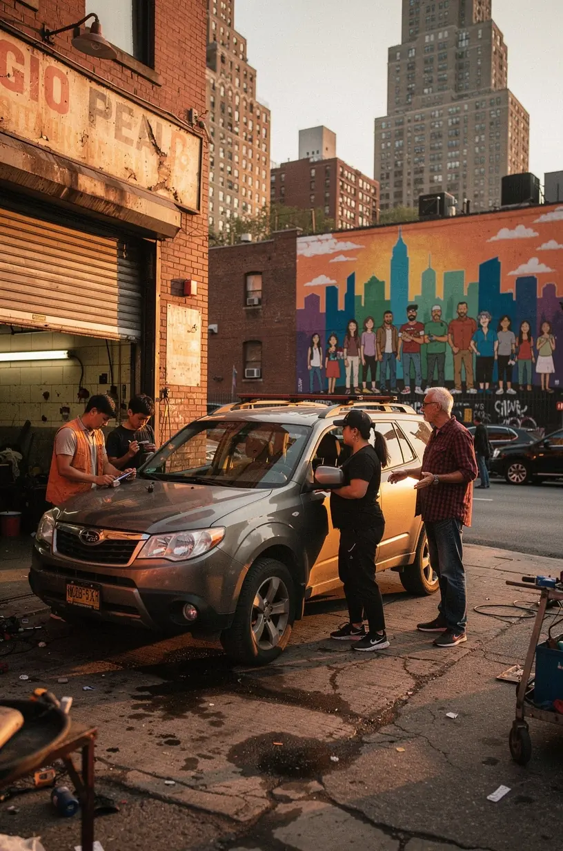 Close-up of a professional applying fresh paint to a small vehicle in a city auto body shop