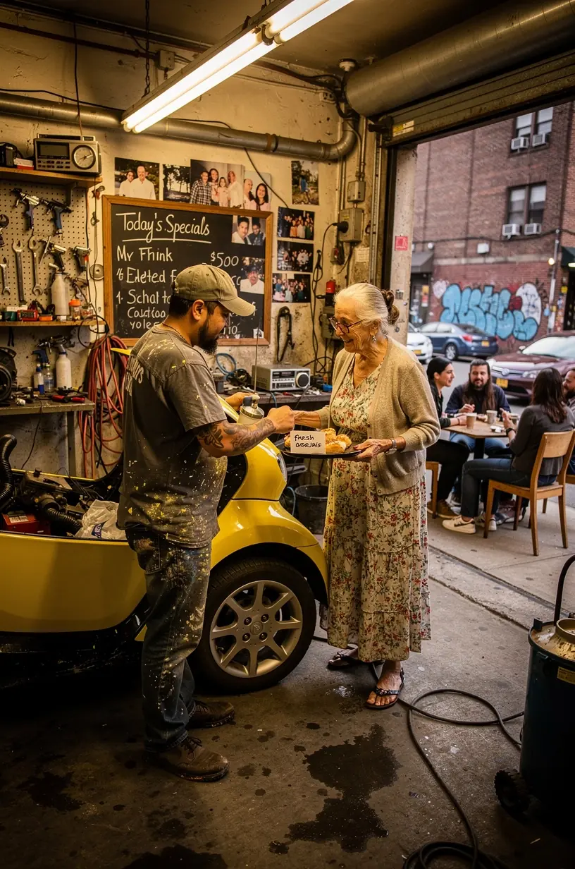 Expert inspecting the quality of a repainted compact car before delivery to a customer in an urban setting
